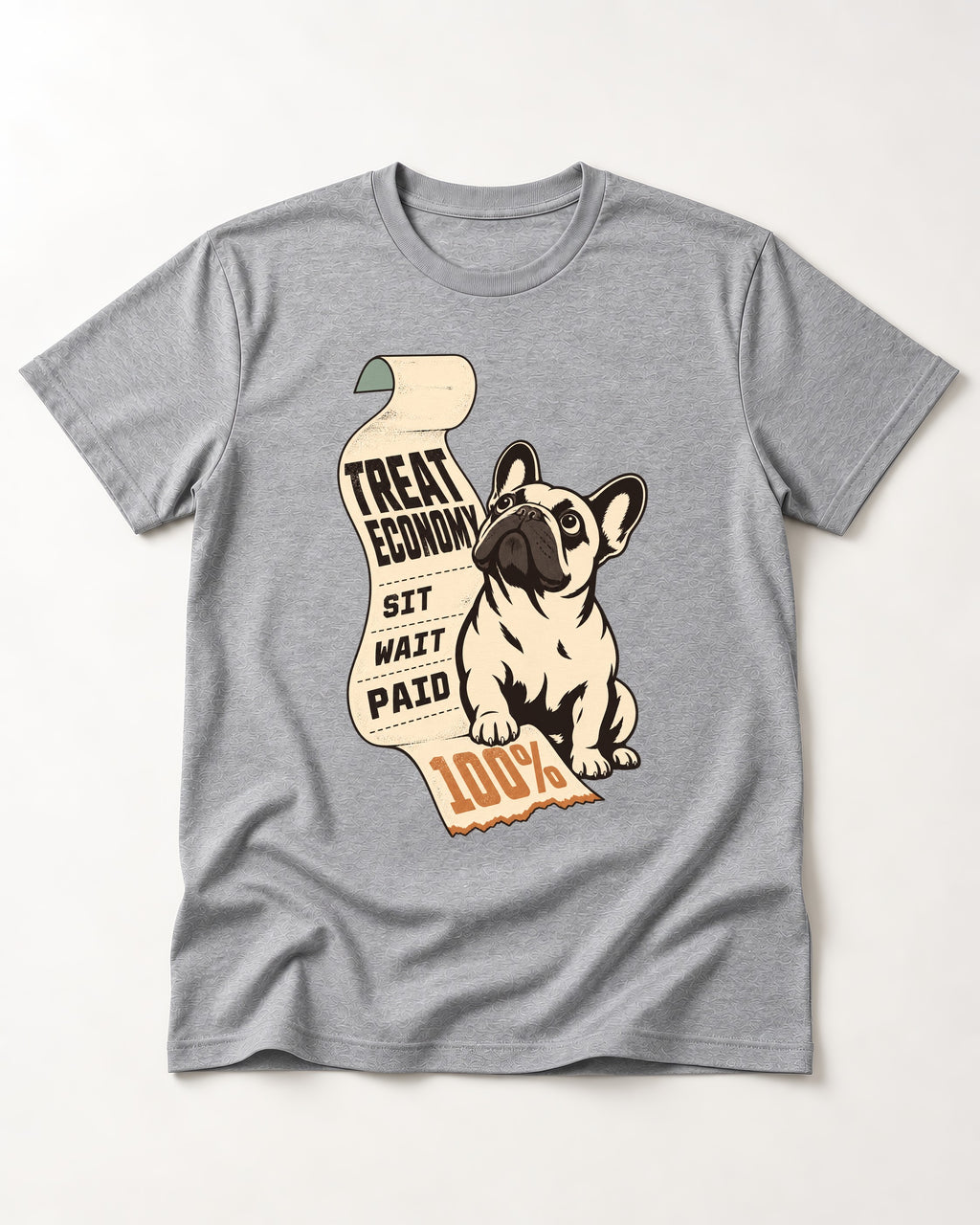 Frenchie Treat Economy Sit Wait Paid Receipt Graphic T-Shirt in Sport Grey, flat lay product photo