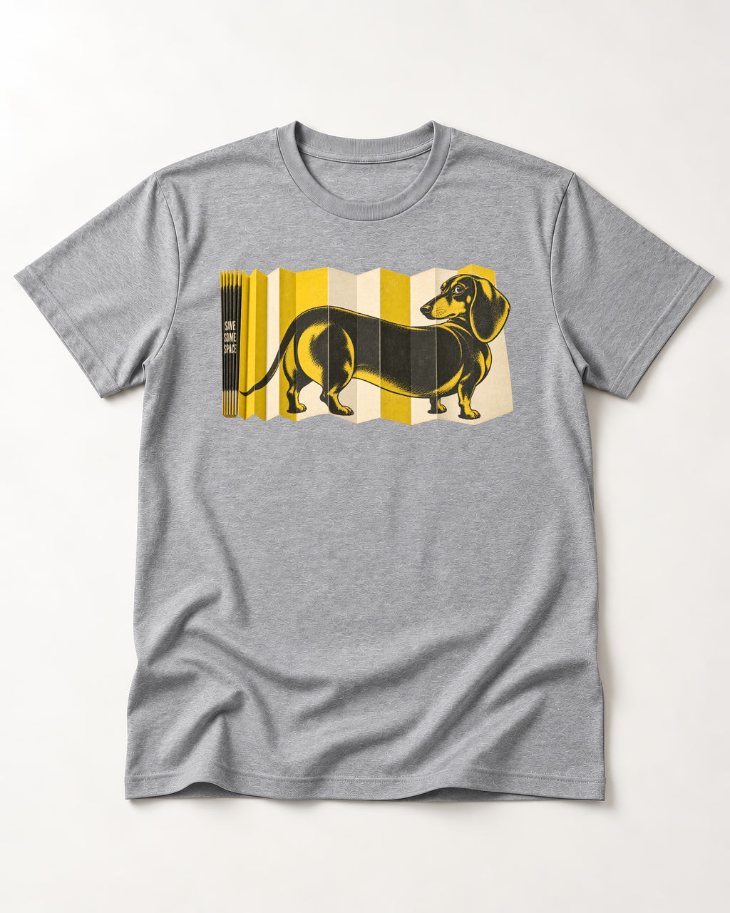 Dachshund Save Some Space Accordion Screen Graphic T-Shirt in Sport Grey, flat lay product photo