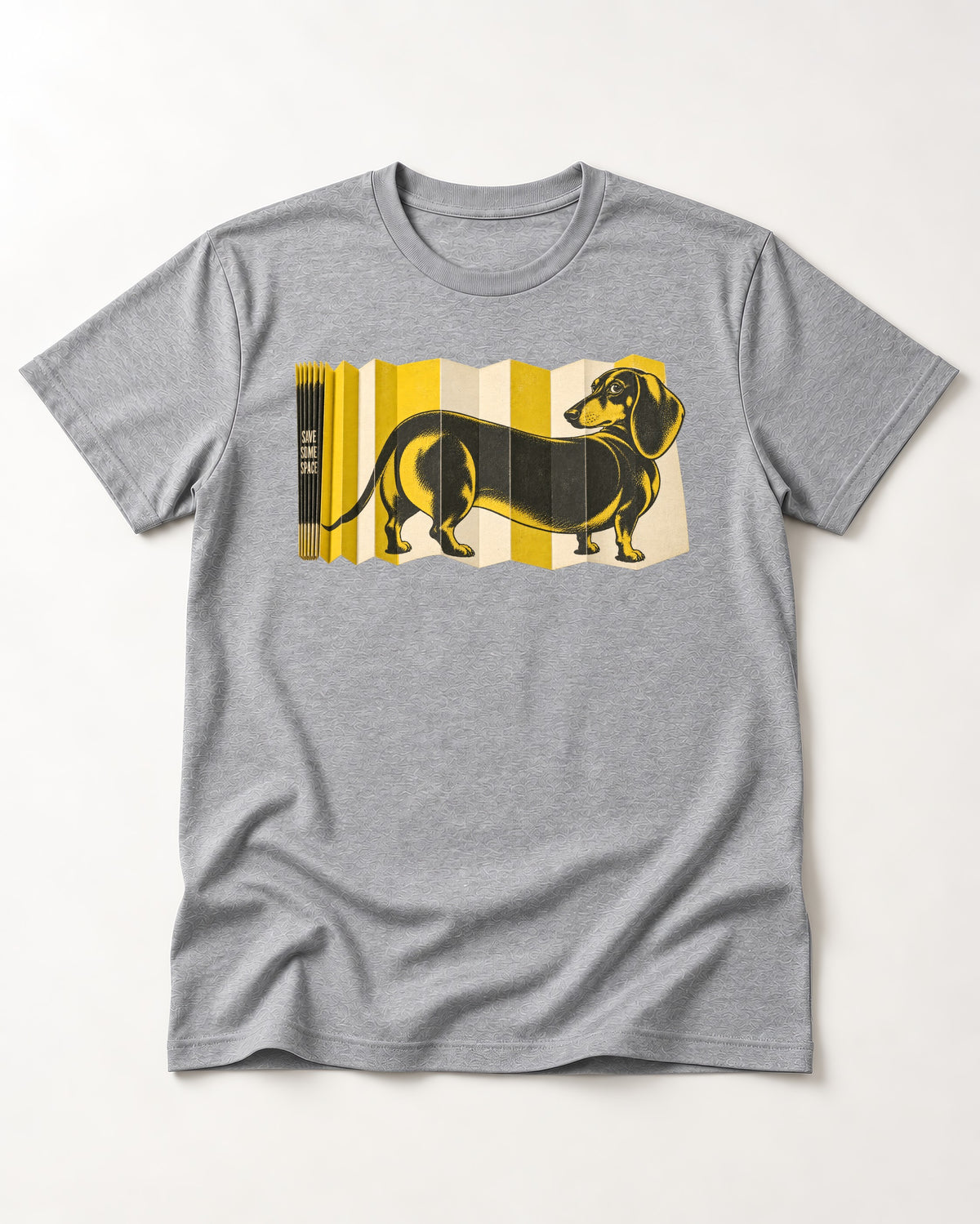 Dachshund Save Some Space Accordion Screen Graphic T-Shirt in Sport Grey, flat lay product photo