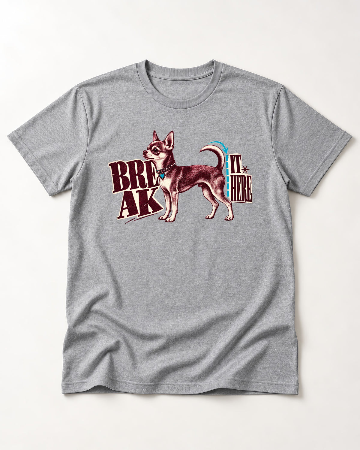 Chihuahua Break It Here Perforation Graphic T-Shirt in Sport Grey, flat lay product photo