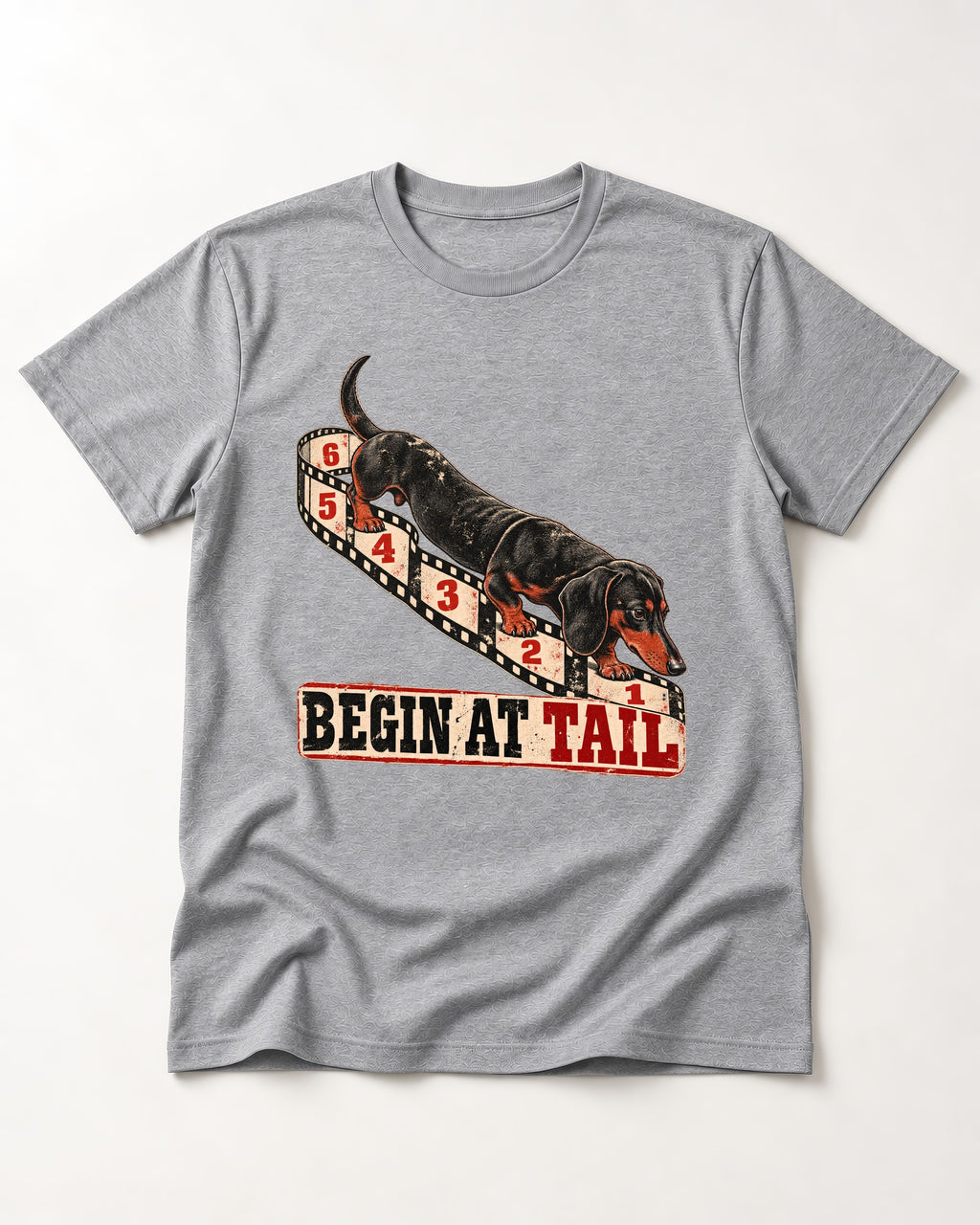 Begin at Tail Dachshund T-Shirt in Sport Grey, flat lay product photo