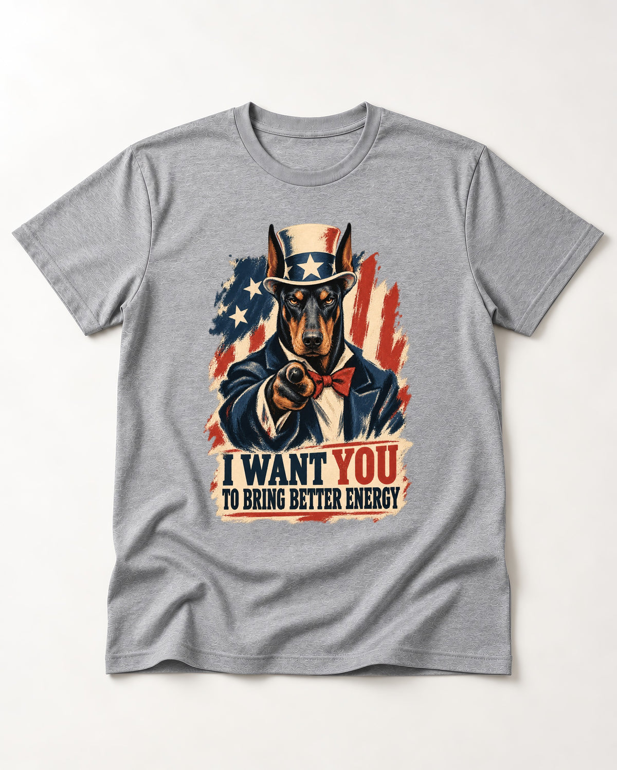 Doberman I Want You to Bring Better Energy Uncle Sam Graphic T-Shirt in Sport Grey, flat lay product photo