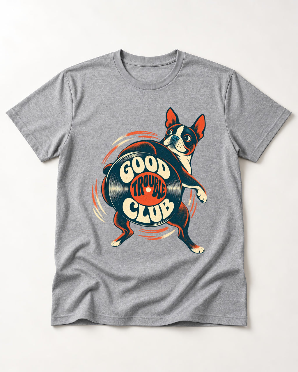 Good Trouble Club Boston Terrier T-Shirt in Sport Grey, flat lay product photo