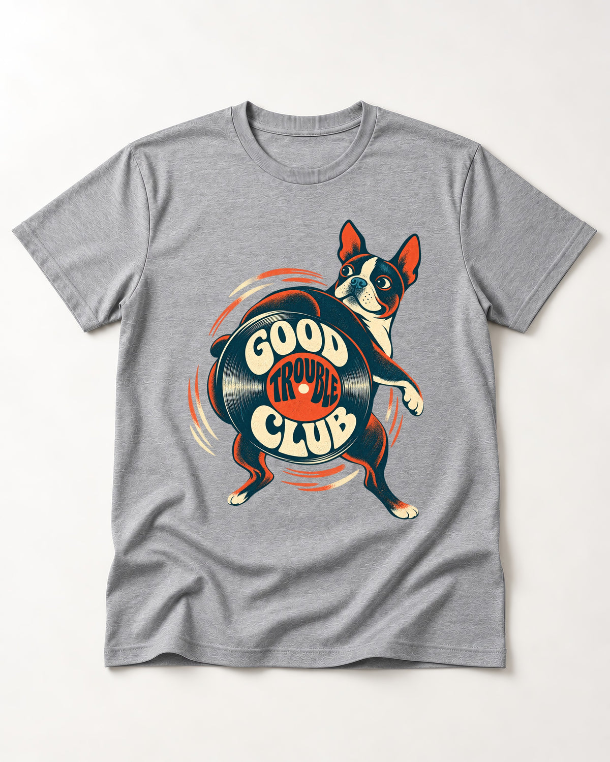 Good Trouble Club Boston Terrier T-Shirt in Sport Grey, flat lay product photo