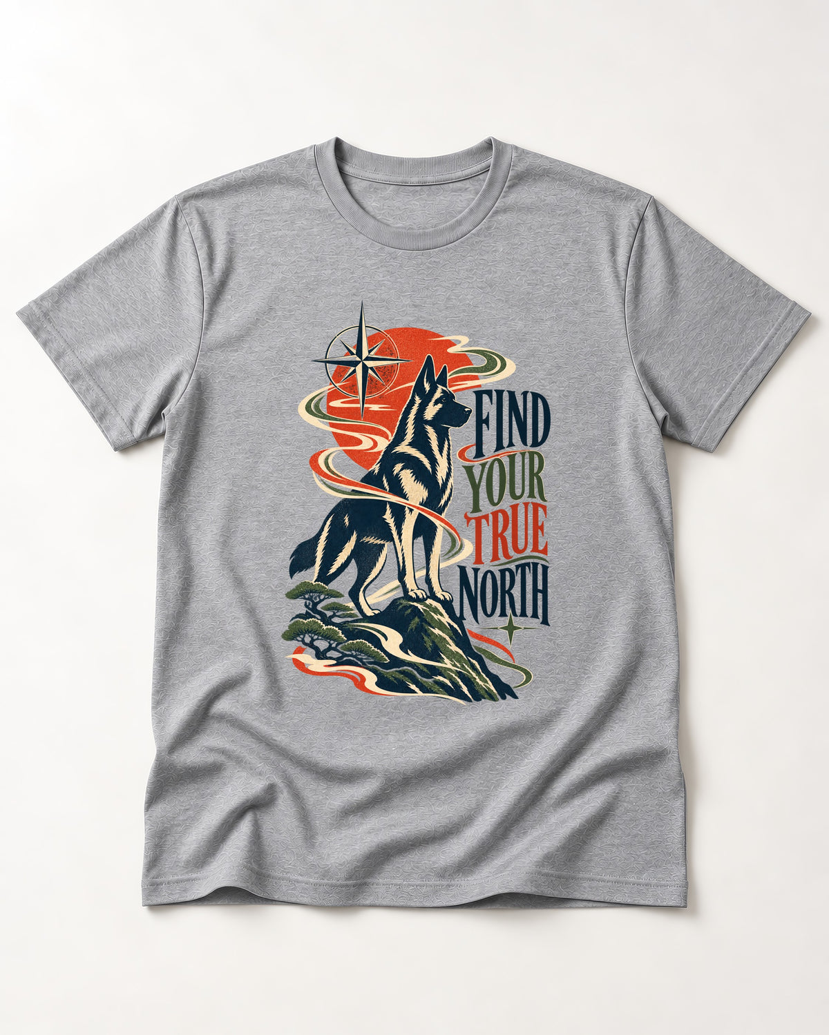 Find Your True North German Shepherd Dog T-Shirt in Sport Grey, flat lay product photo