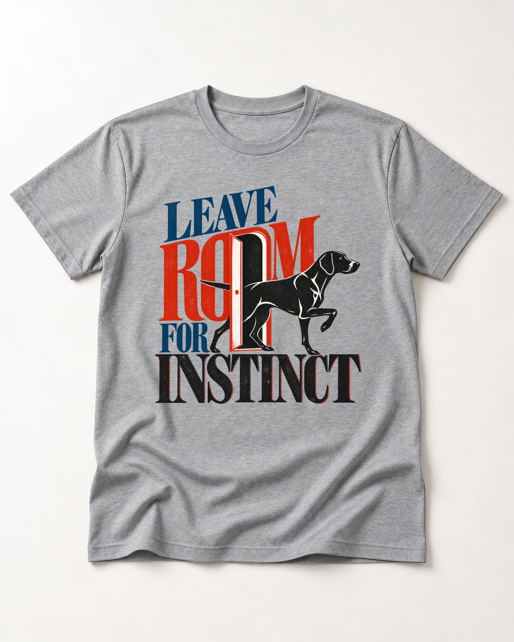 Leave Room for Instinct German Shorthaired Pointer T-Shirt in Sport Grey, flat lay product photo