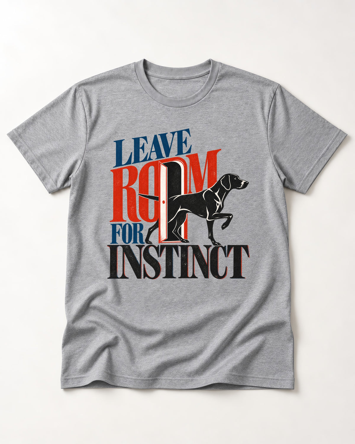Leave Room for Instinct German Shorthaired Pointer T-Shirt in Sport Grey, flat lay product photo
