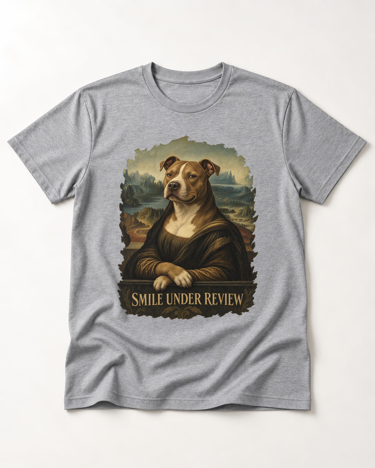 Pitbull Smile Under Review Renaissance Portrait Graphic T-Shirt in Sport Grey, flat lay product photo