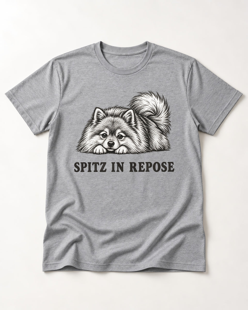 Pomeranian In Repose T-Shirt in Sport Grey, flat lay product photo