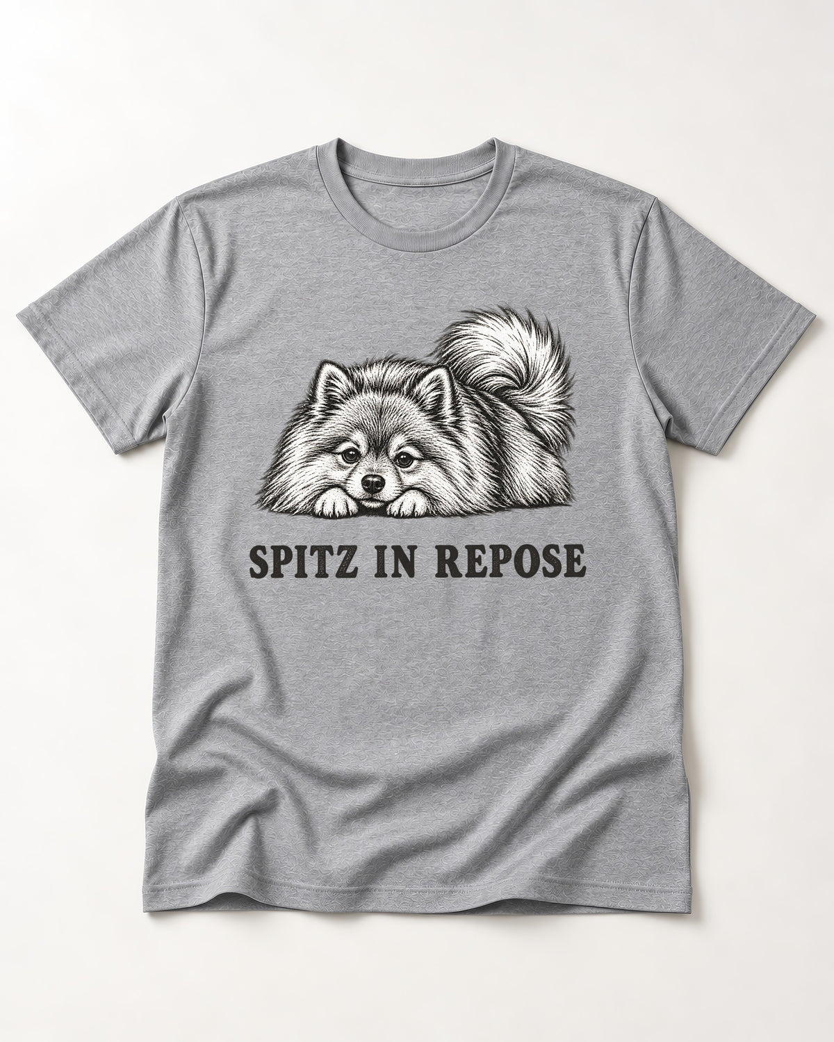 Pomeranian In Repose T-Shirt in Sport Grey, flat lay product photo