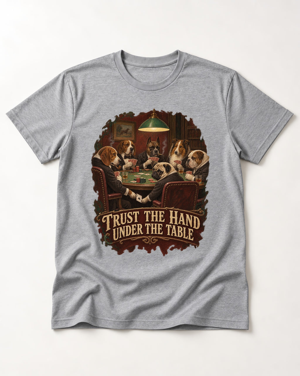 Pug Trust the Hand Under the Table Poker Graphic T-Shirt in Sport Grey, flat lay product photo