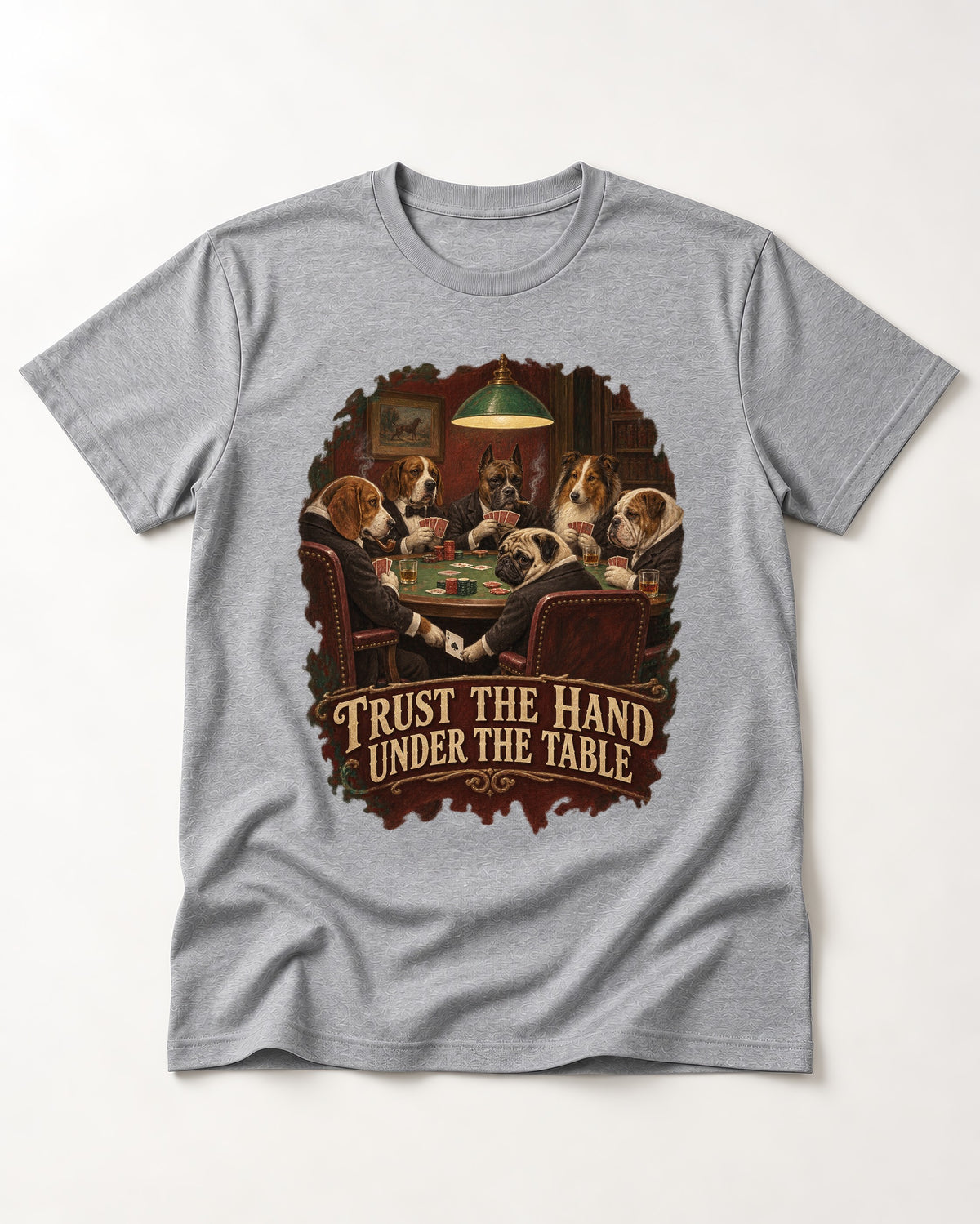 Pug Trust the Hand Under the Table Poker Graphic T-Shirt in Sport Grey, flat lay product photo