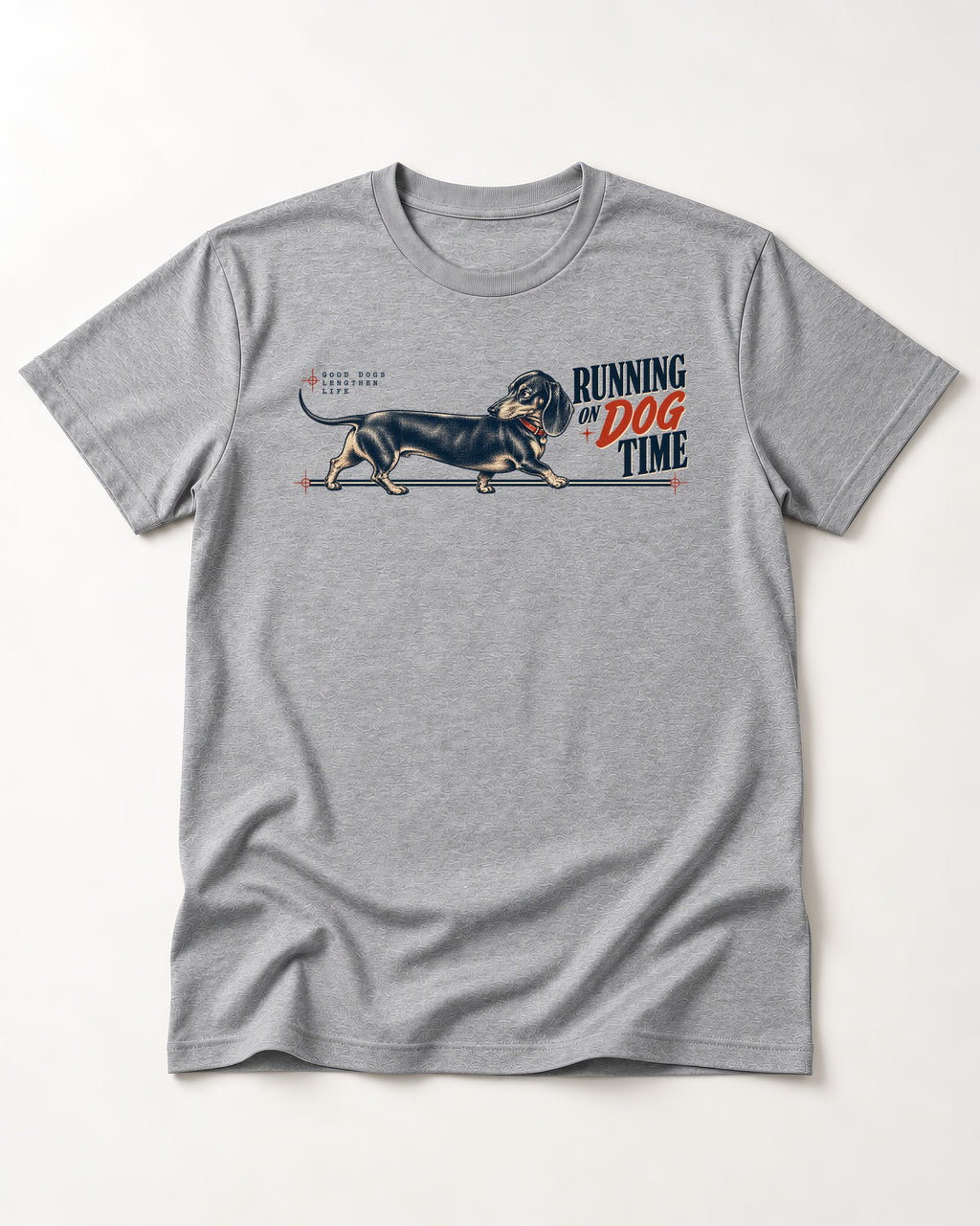 Dachshund Lengthens Life T-Shirt in Sport Grey, flat lay product photo