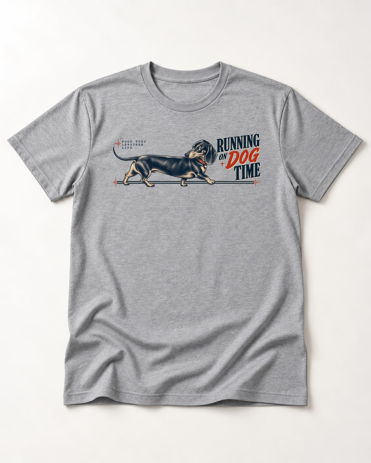 Dachshund Lengthens Life T-Shirt in Sport Grey, flat lay product photo