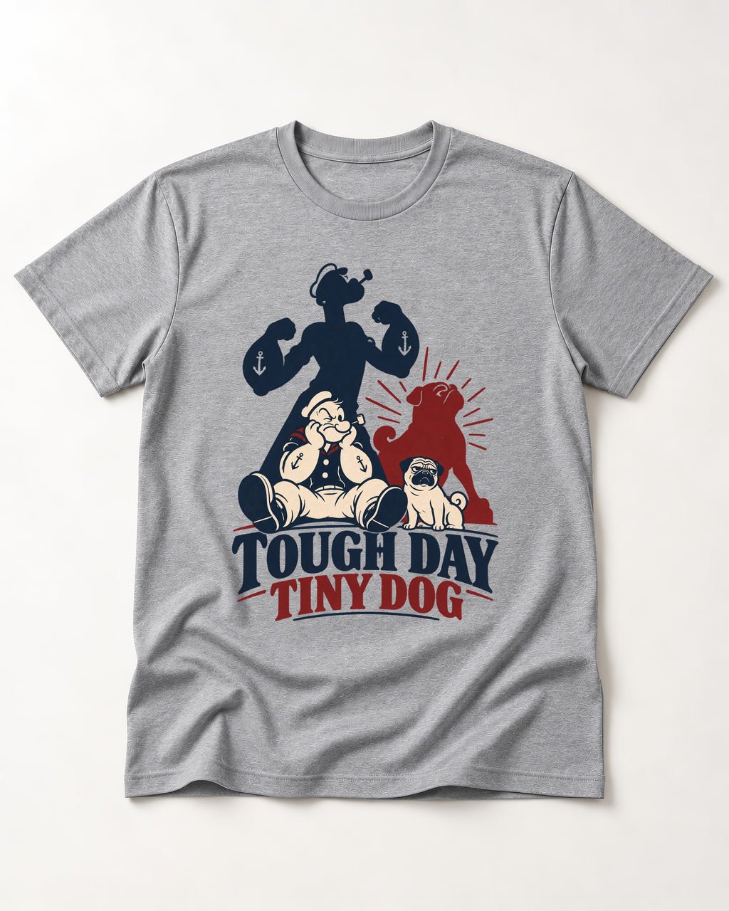 Tough Day Tiny Pug T-Shirt in Sport Grey, flat lay product photo