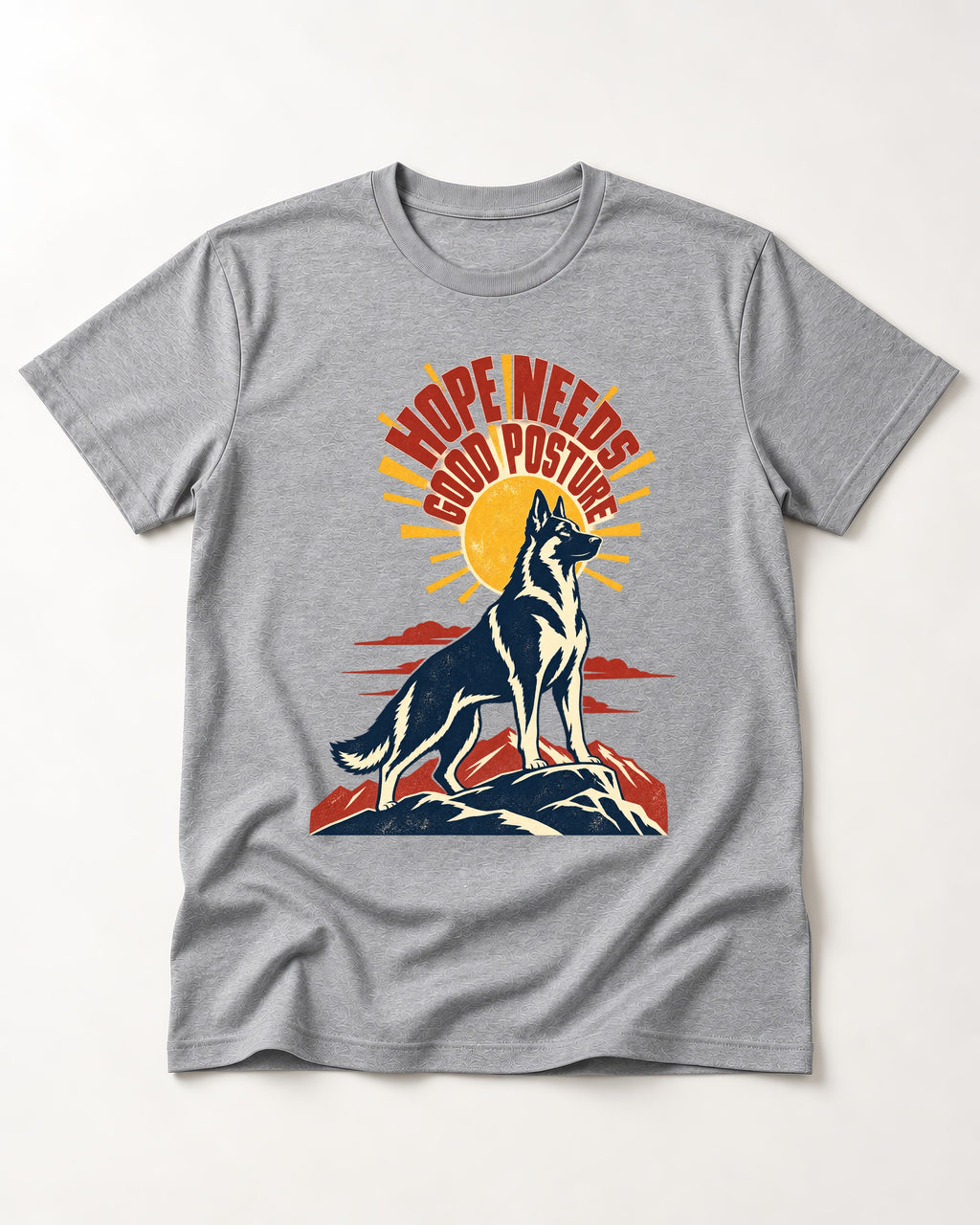 Hope Needs Good Posture German Shepherd Dog T-Shirt in Sport Grey, flat lay product photo