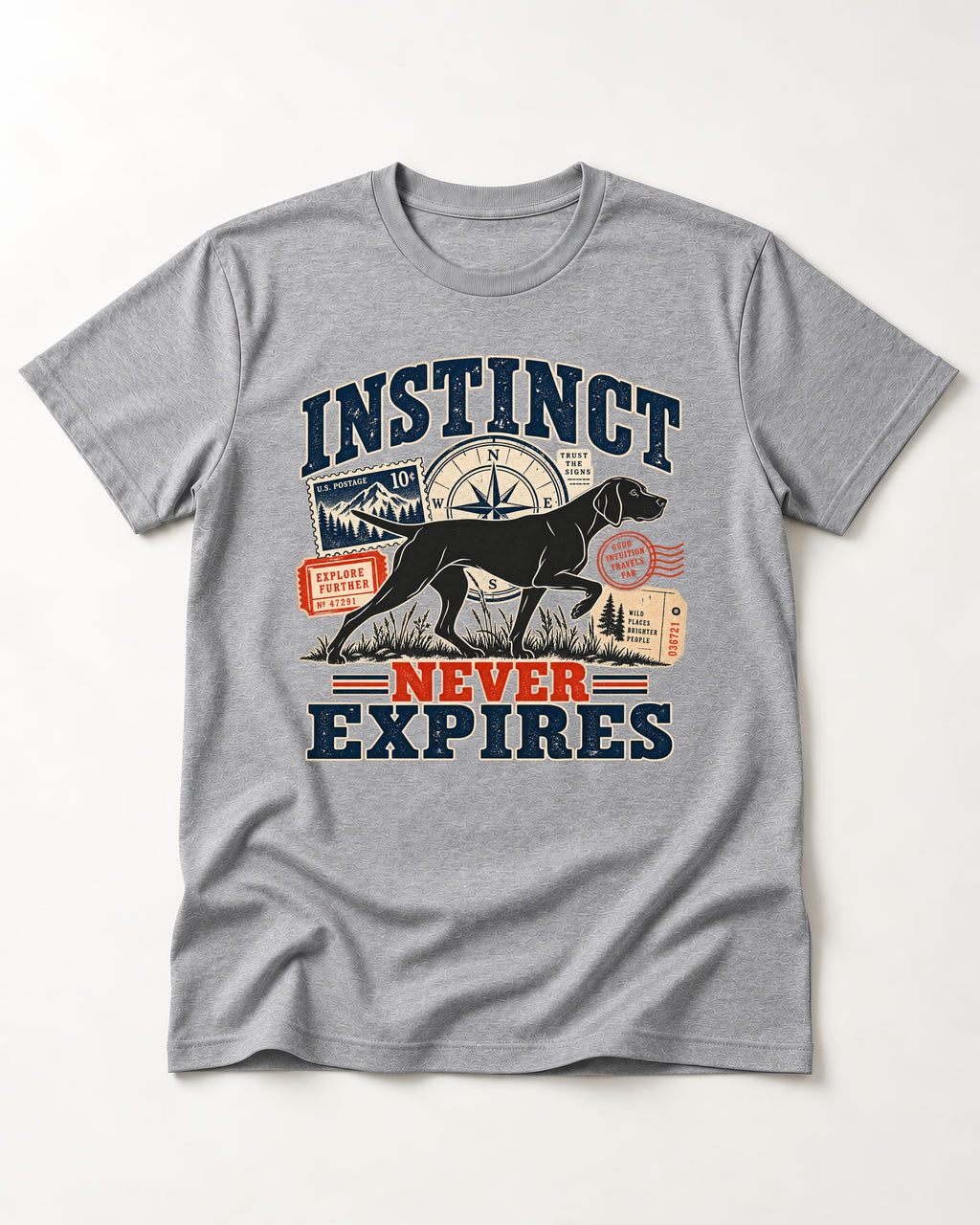 German Shorthaired Pointer Instinct Never Expires T-Shirt in Sport Grey, flat lay product photo