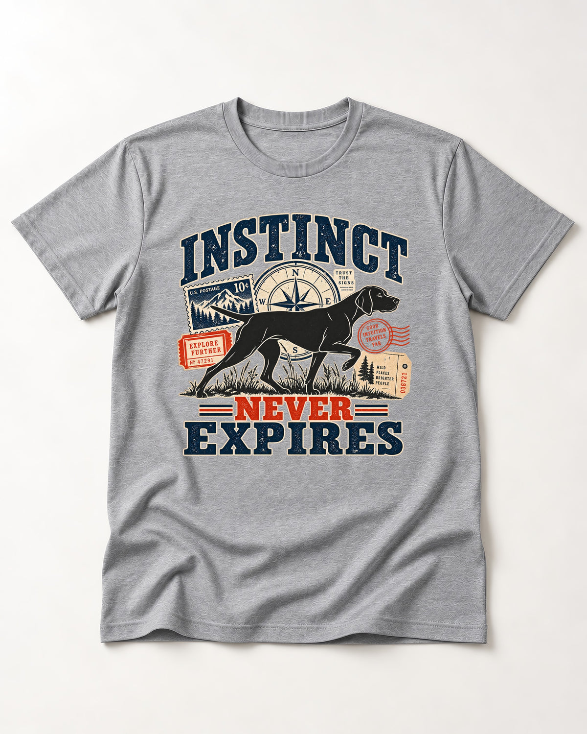 German Shorthaired Pointer Instinct Never Expires T-Shirt in Sport Grey, flat lay product photo