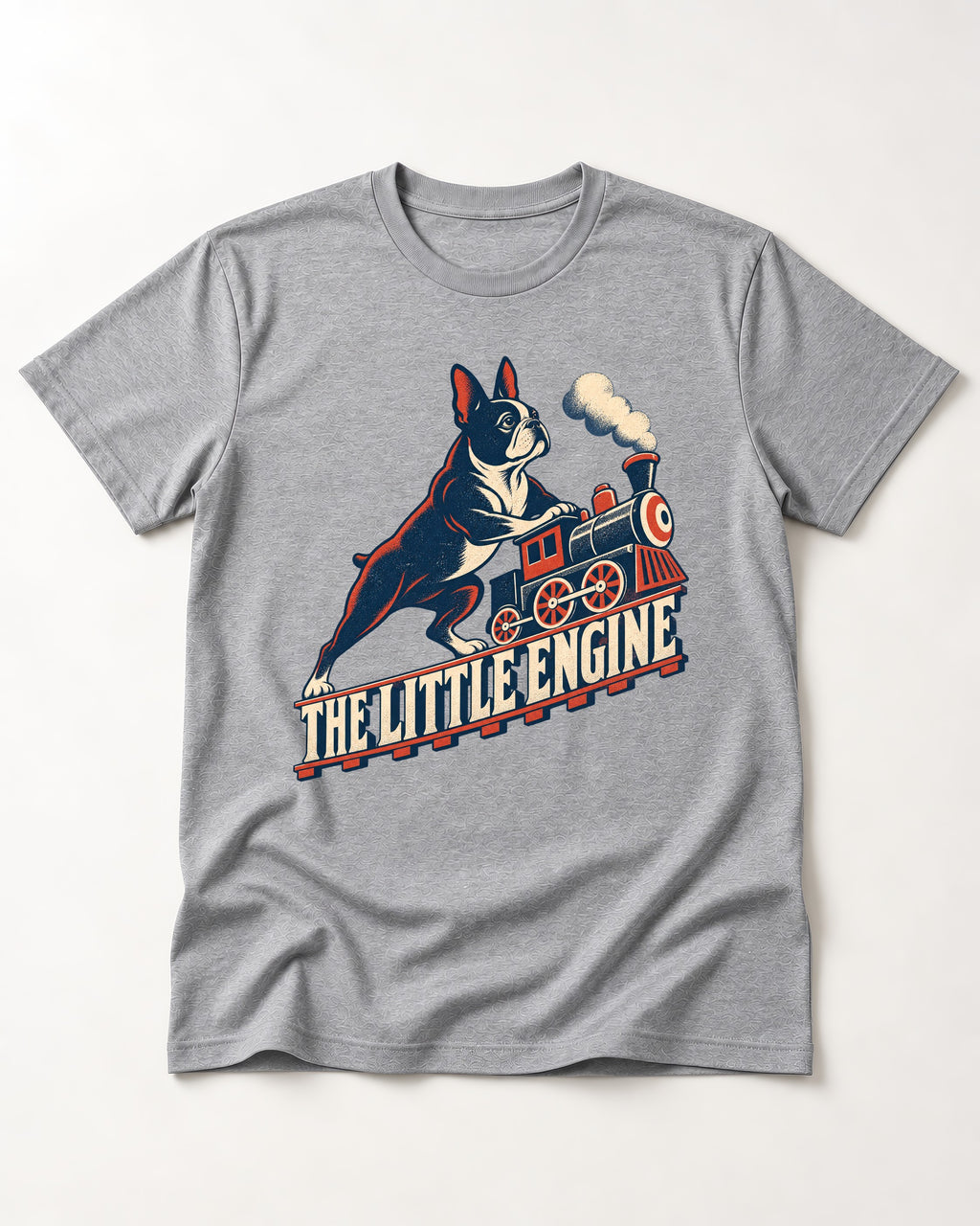 Boston Terrier The Little Engine T-Shirt in Sport Grey, flat lay product photo