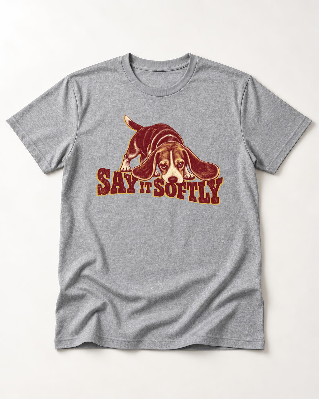Beagle Say It Softly T-Shirt in Sport Grey, flat lay product photo