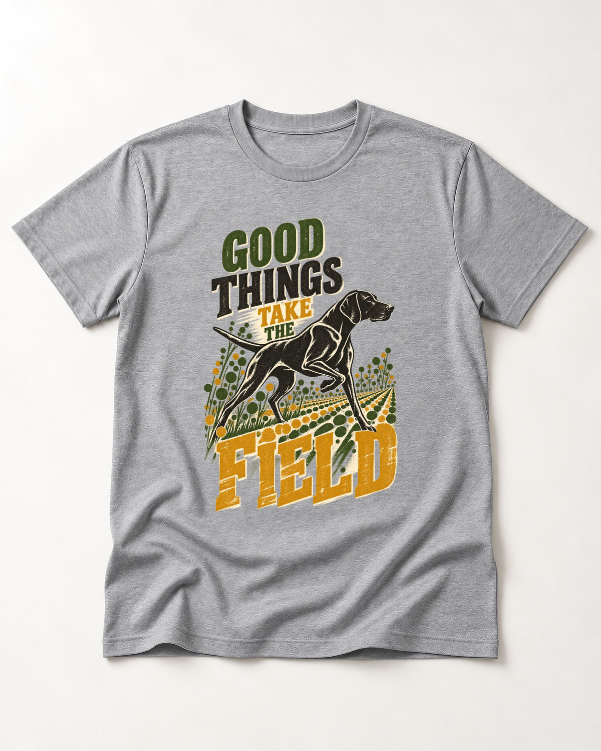 German Shorthaired Pointer Takes the Field T-Shirt in Sport Grey, flat lay product photo