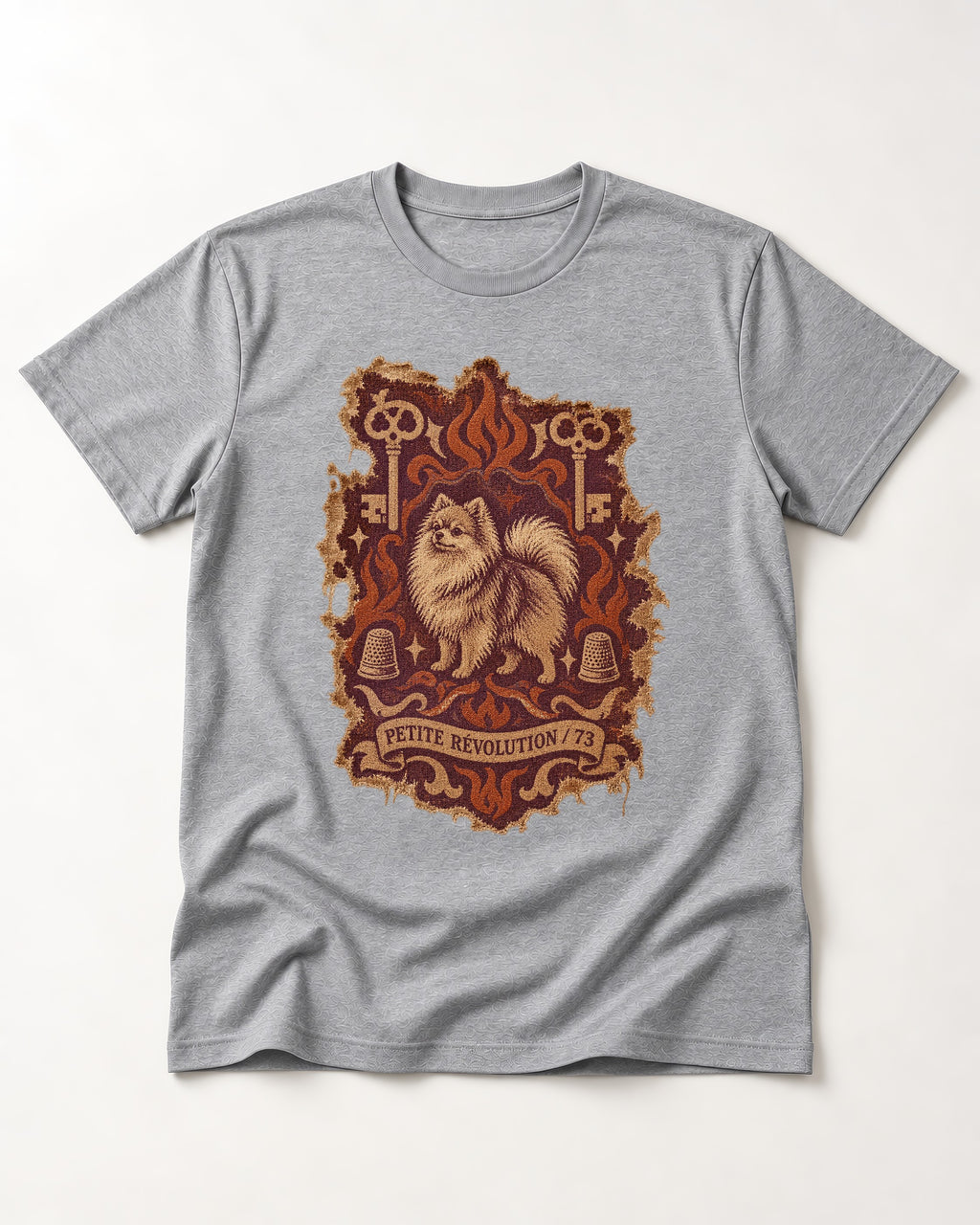 Pomeranian Petite Revolution Ornate Key Emblem Graphic T-Shirt in Sport Grey, flat lay product photo
