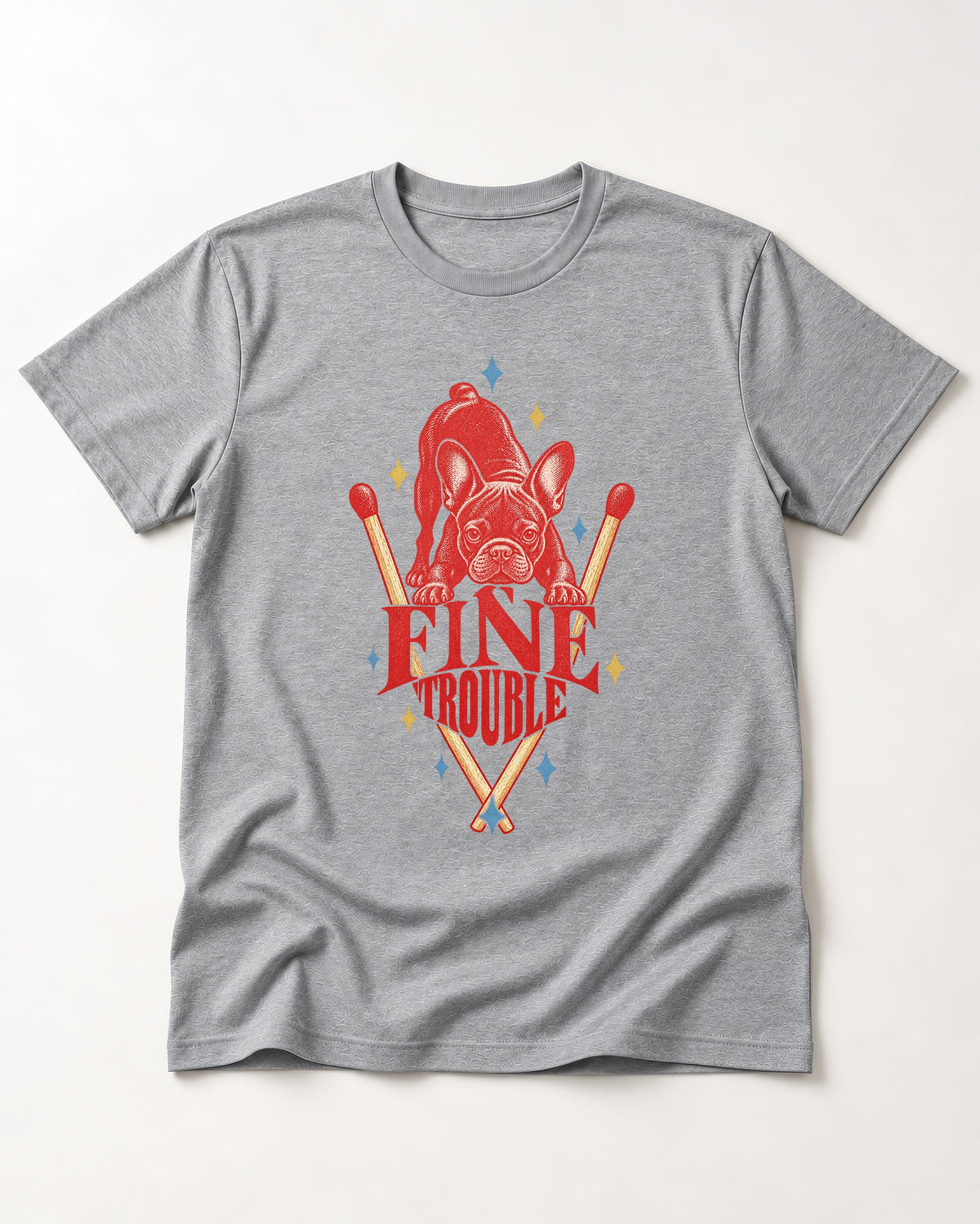 Fine Trouble Boston Terrier Matchstick Graphic T-Shirt in Sport Grey, flat lay product photo