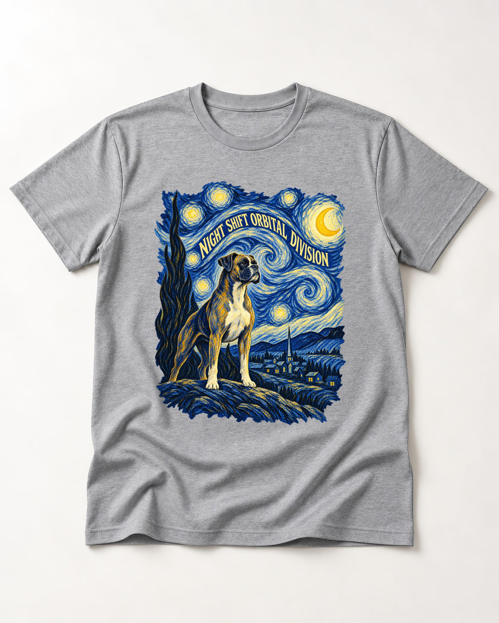 Night Shift Orbital Division Boxer Night Sky Graphic T-Shirt in Sport Grey, flat lay product photo
