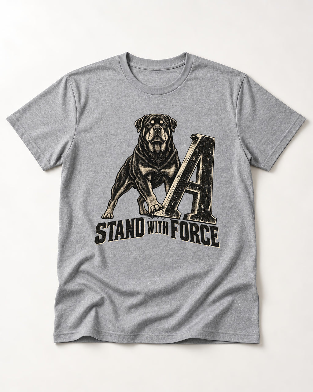 Rottweiler Stand with Force T-Shirt in Sport Grey, flat lay product photo