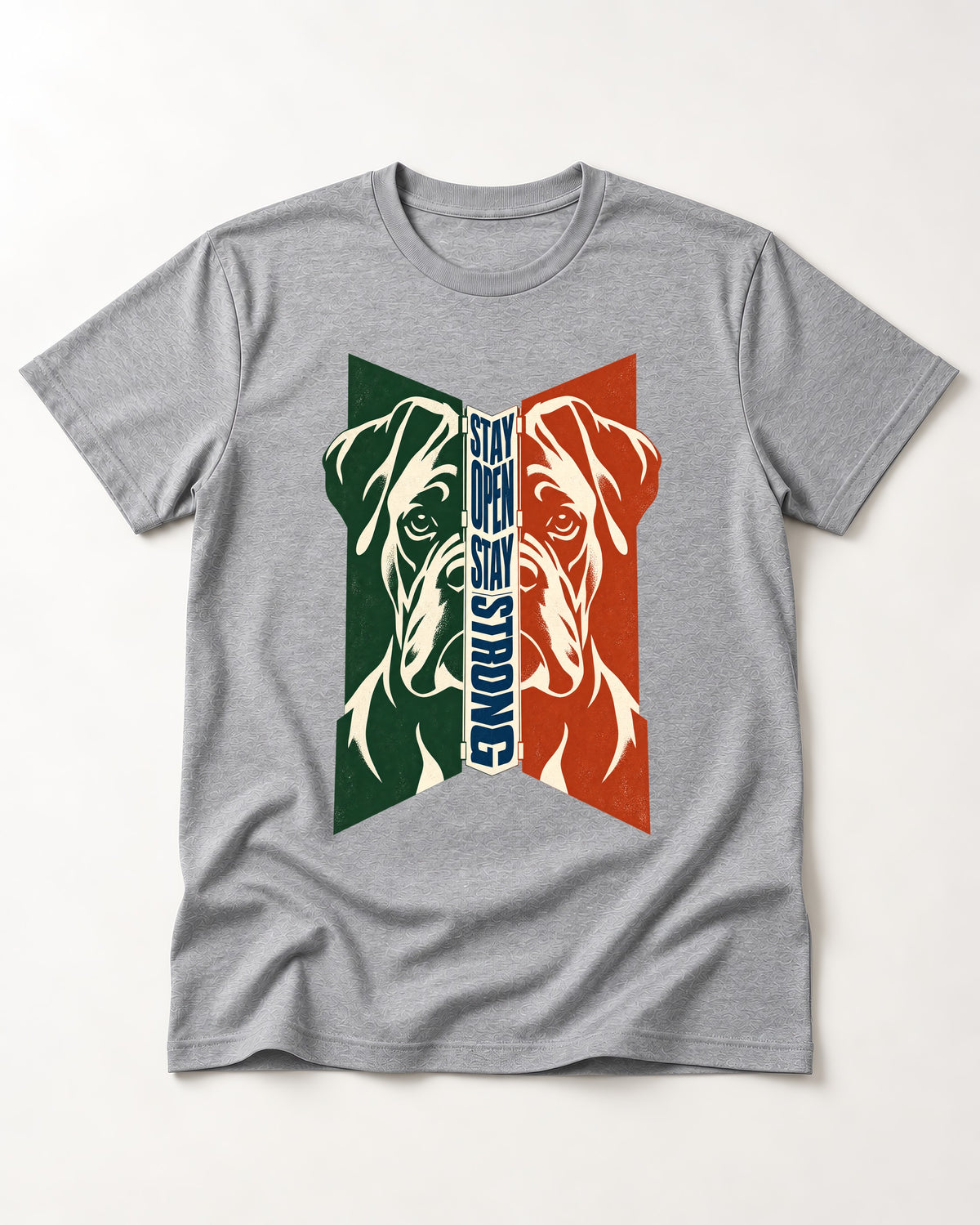 Boxer Stay Open Stay Strong T-Shirt in Sport Grey, flat lay product photo