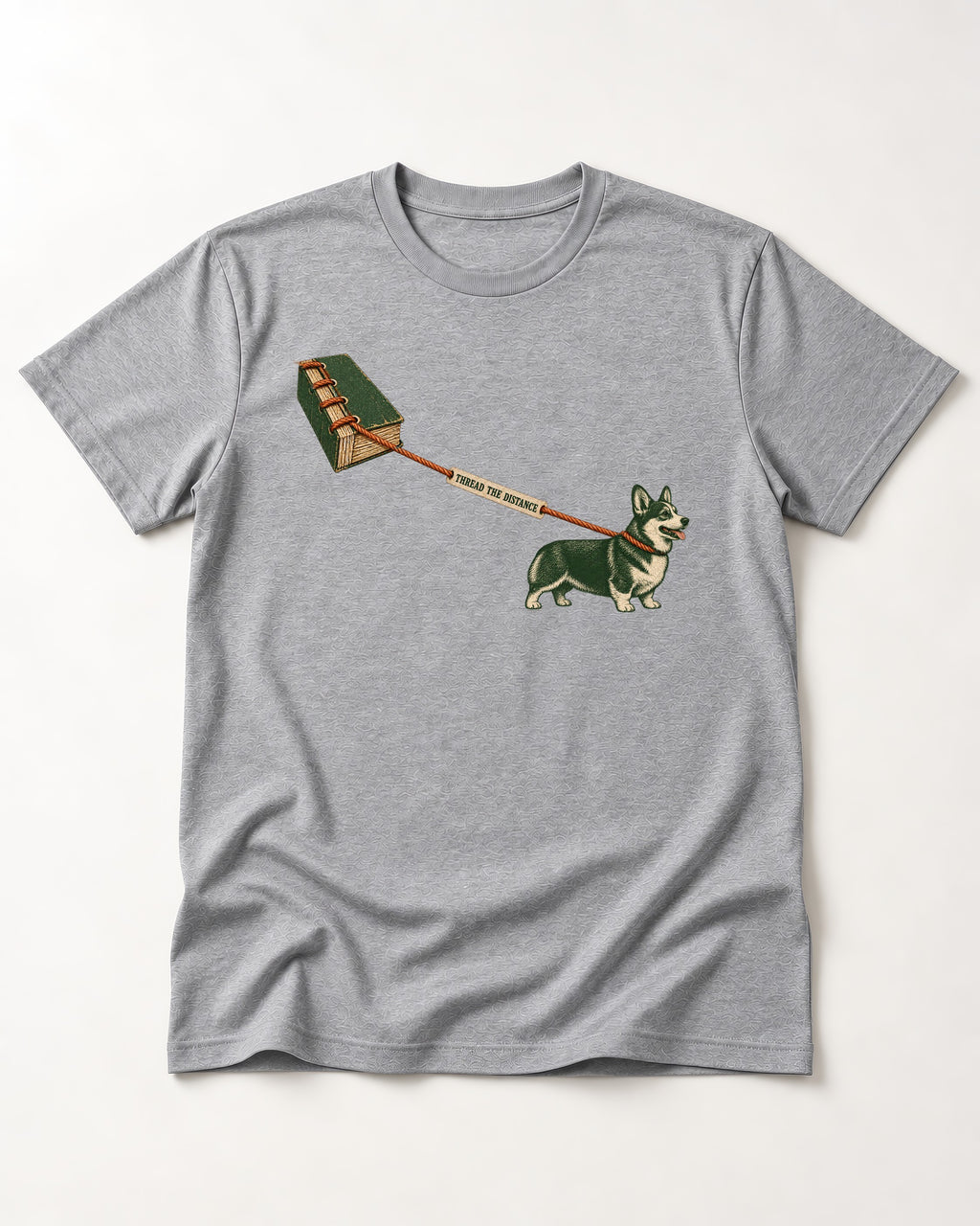Thread the Distance with Corgi T-Shirt in Sport Grey, flat lay product photo