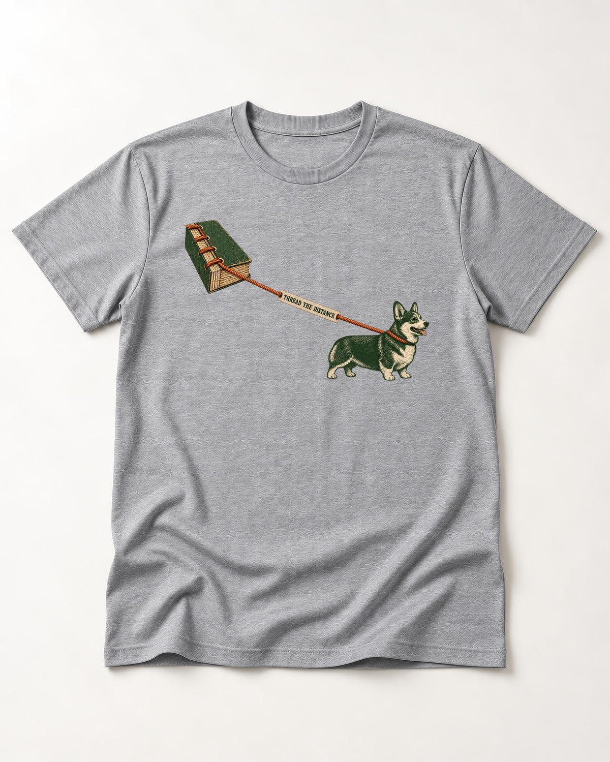 Thread the Distance with Corgi T-Shirt in Sport Grey, flat lay product photo