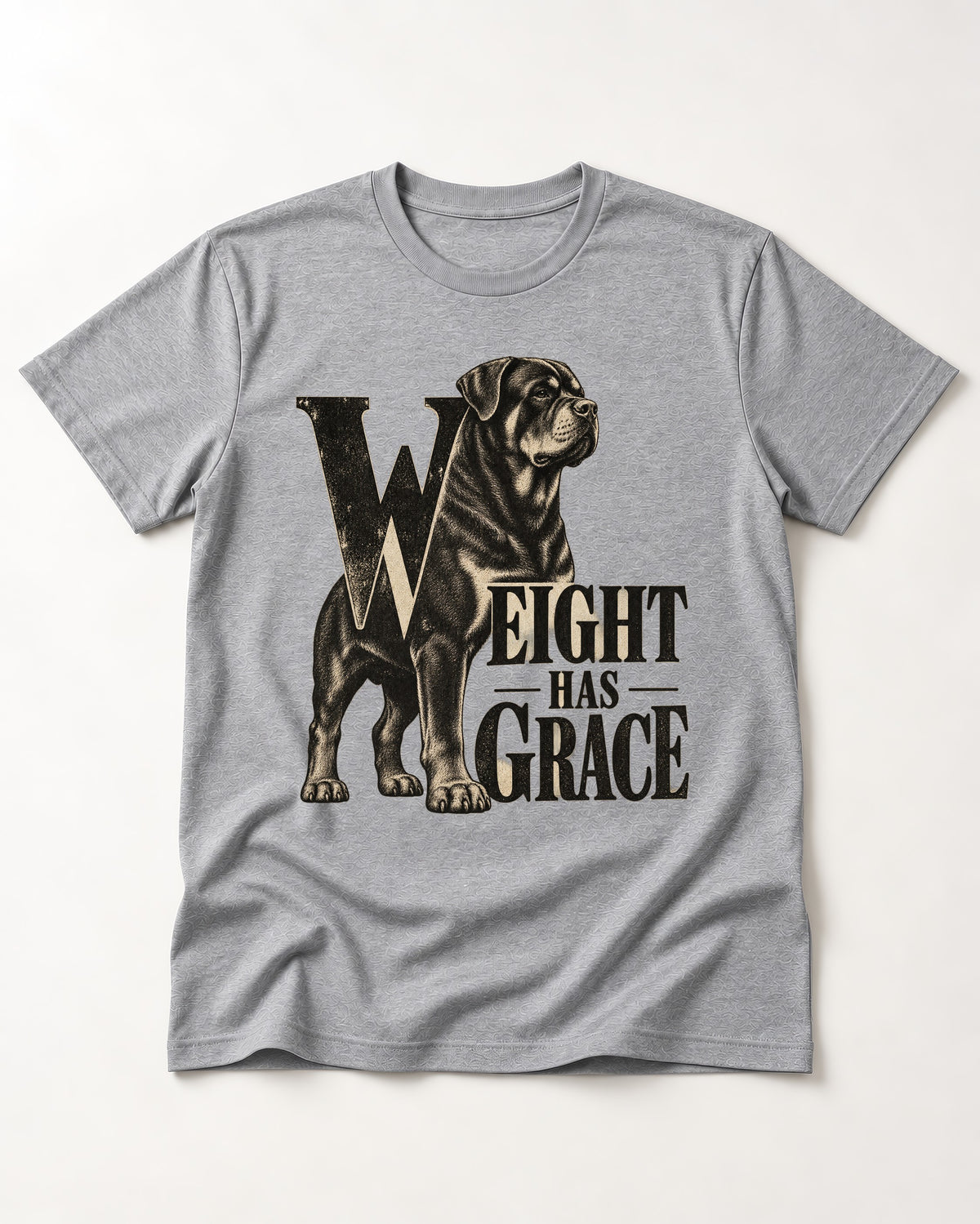 Rottweiler Weight Has Grace T-Shirt in Sport Grey, flat lay product photo
