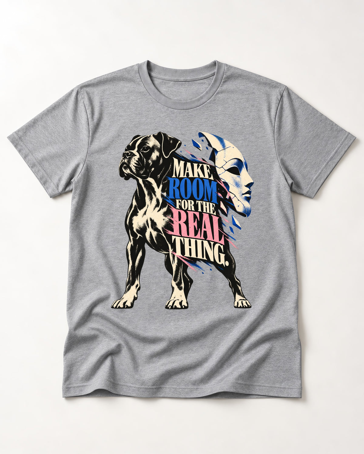 Make Room for the Real Thing Boxer Broken Mask Graphic T-Shirt in Sport Grey, flat lay product photo