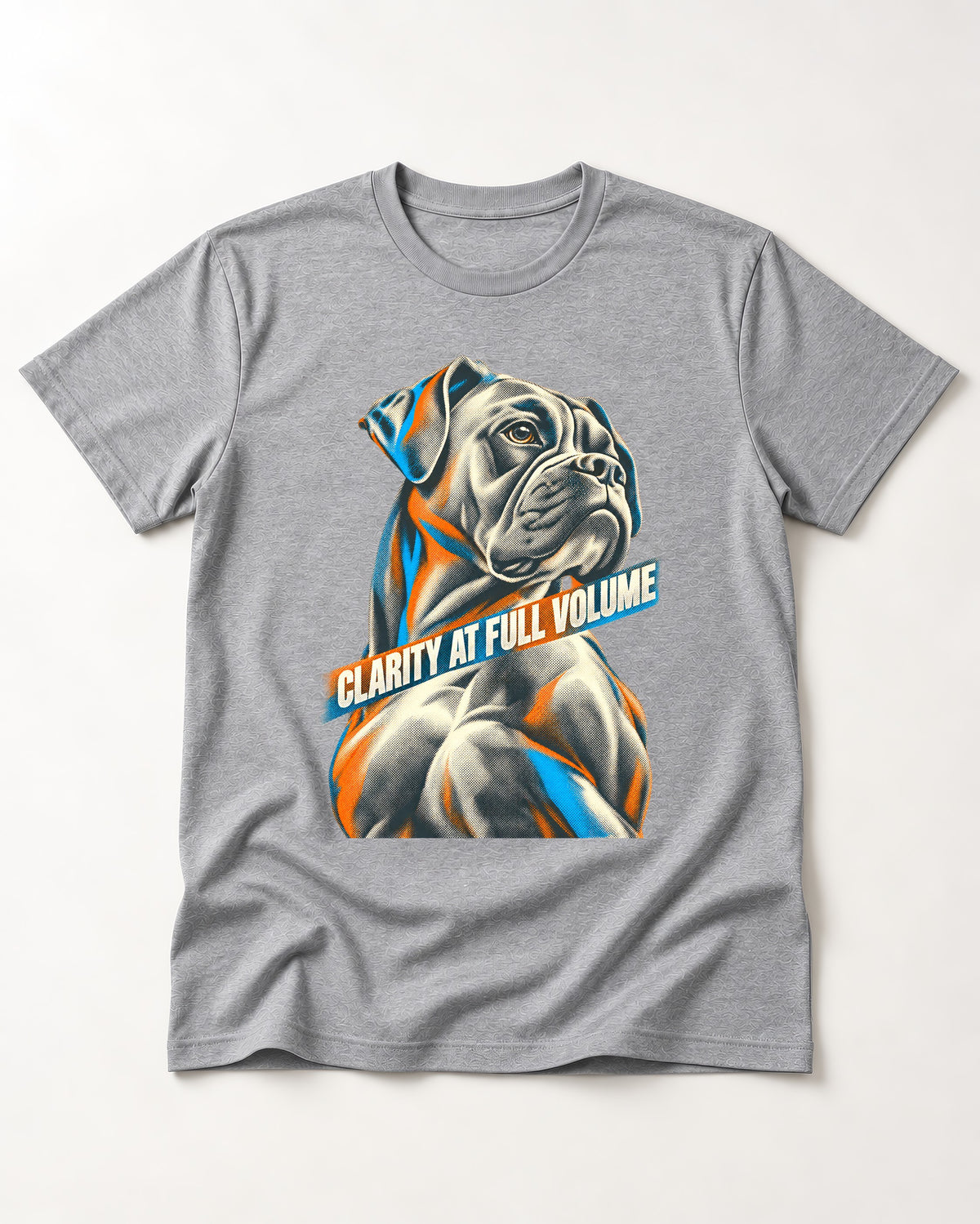Clarity at Full Volume Boxer Portrait T-Shirt in Sport Grey, flat lay product photo