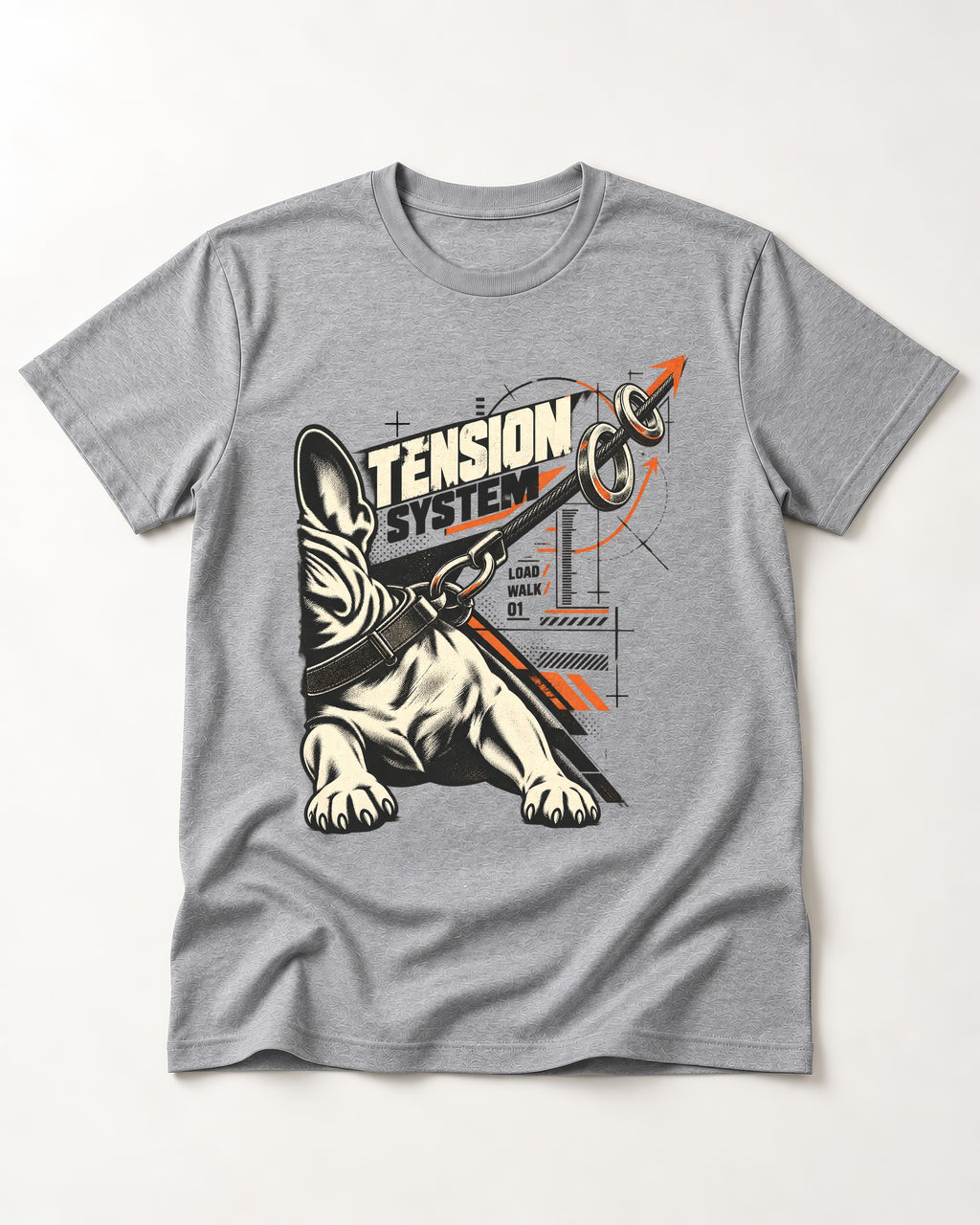 Frenchie Tension System T-Shirt in Sport Grey, flat lay product photo