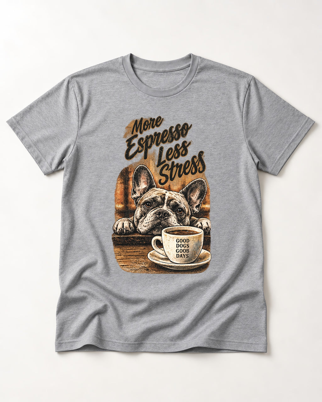 Frenchie More Espresso Less Stress T-Shirt in Sport Grey, flat lay product photo