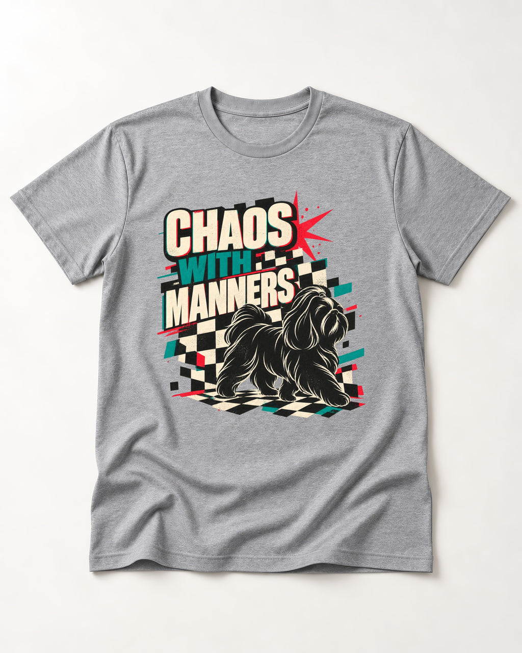 Shih Tzu Chaos with Manners Checkerboard Graphic T-Shirt in Sport Grey, flat lay product photo