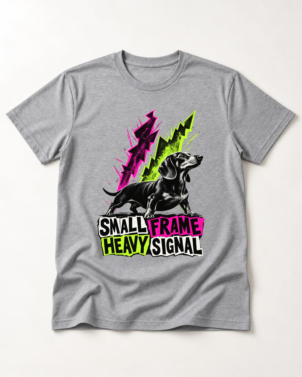 Dachshund Small Frame Heavy Signal T-Shirt in Sport Grey, flat lay product photo