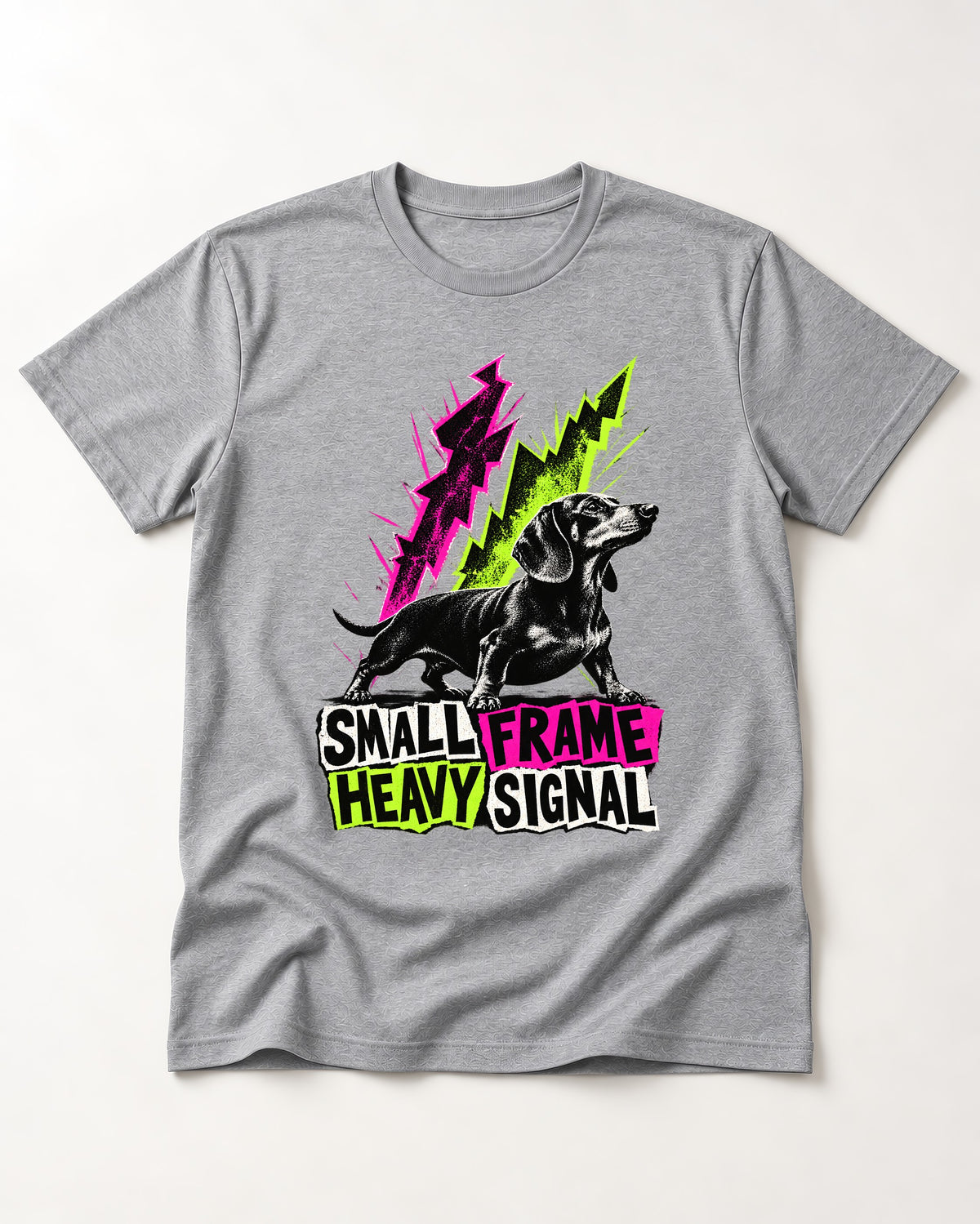 Dachshund Small Frame Heavy Signal T-Shirt in Sport Grey, flat lay product photo
