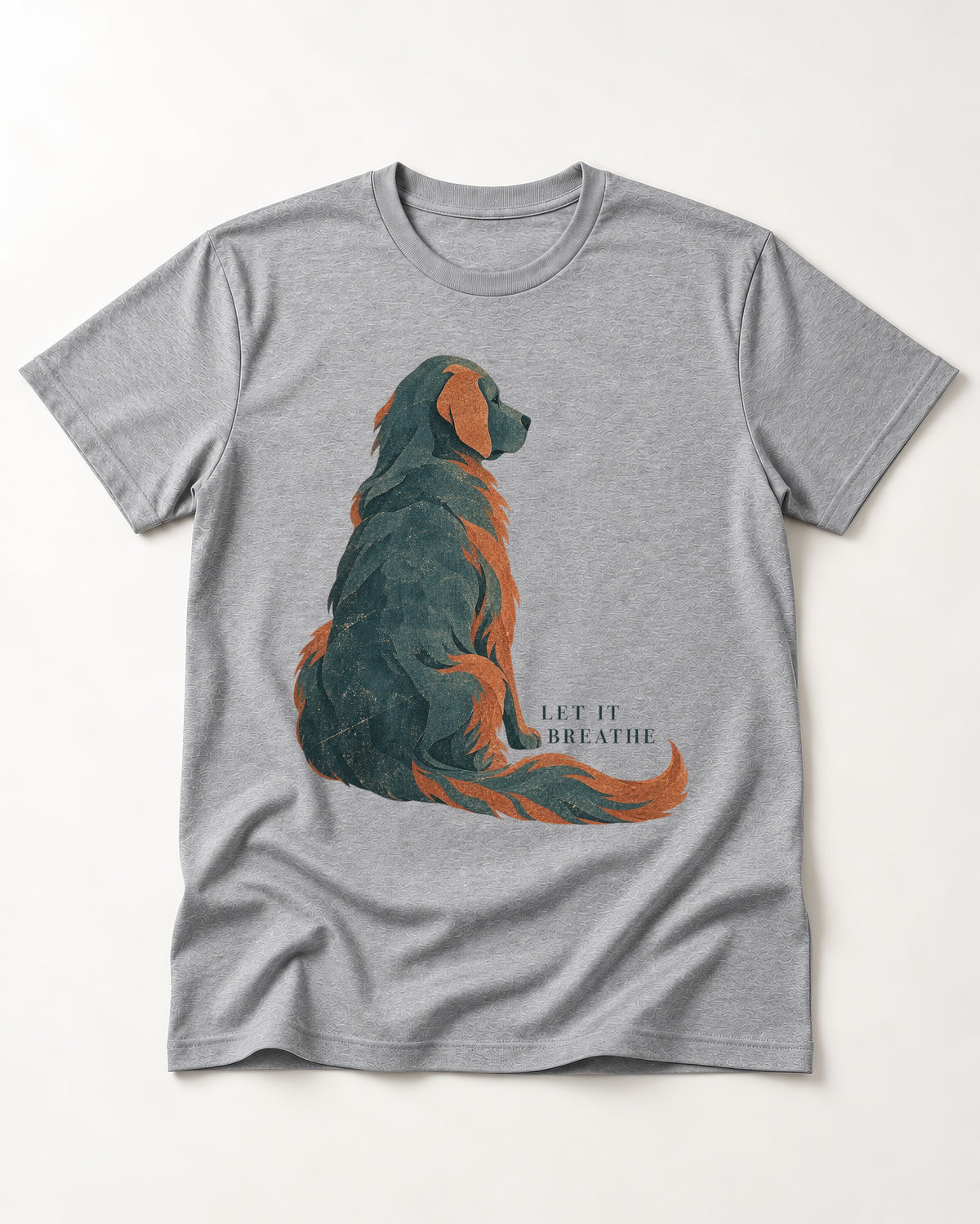 Let It Breathe Golden Retriever T-Shirt in Sport Grey, flat lay product photo
