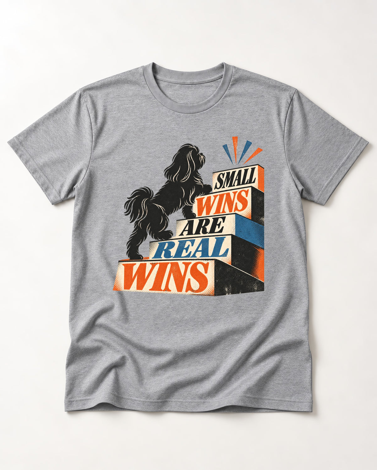 Small Wins Shih Tzu T-Shirt in Sport Grey, flat lay product photo