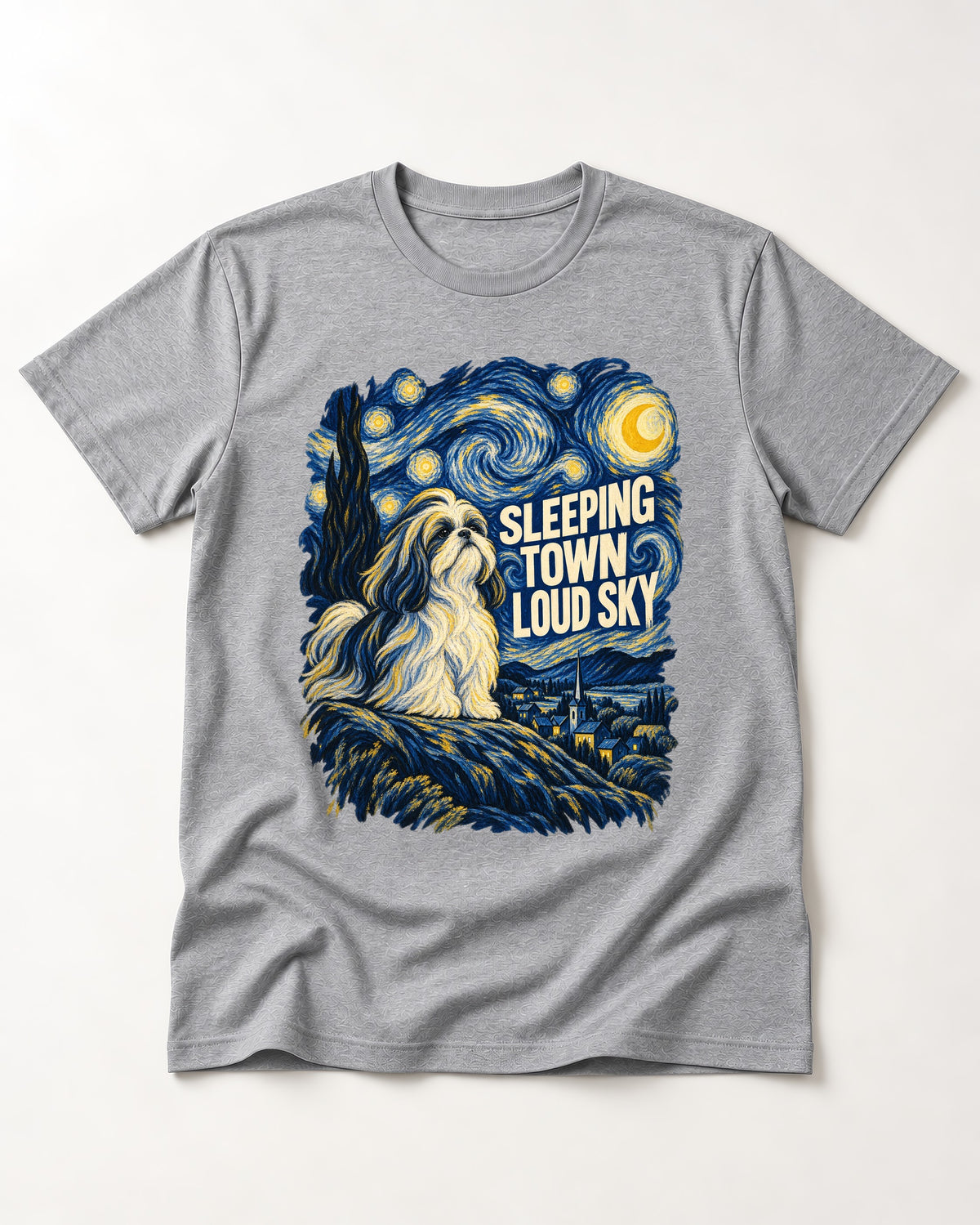 Shih Tzu Sleeping Town Loud Sky Swirling Night Graphic T-Shirt in Sport Grey, flat lay product photo