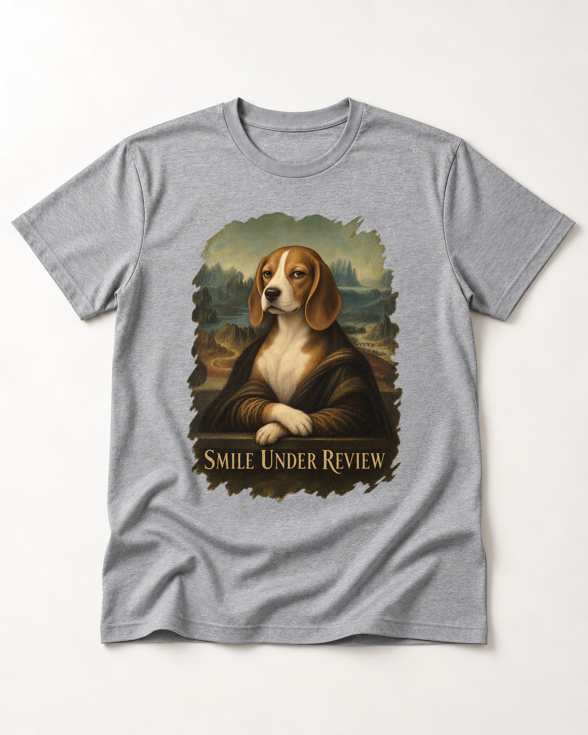 Smile Under Review Beagle Portrait T-Shirt in Sport Grey, flat lay product photo