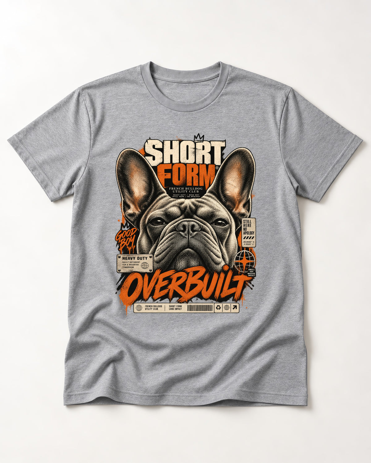 Frenchie Short Form Overbuilt Utility Club Poster Graphic T-Shirt in Sport Grey, flat lay product photo