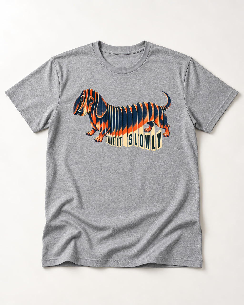 Take It Slowly Dachshund T-Shirt in Sport Grey, flat lay product photo