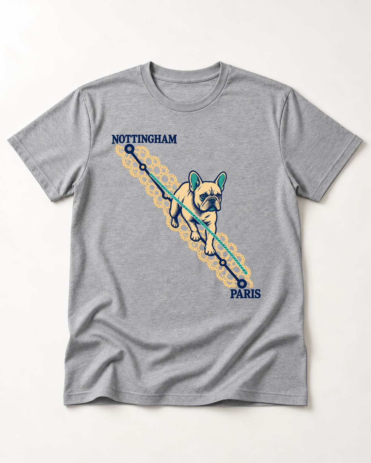 Nottingham to Paris Frenchie T-Shirt in Sport Grey, flat lay product photo