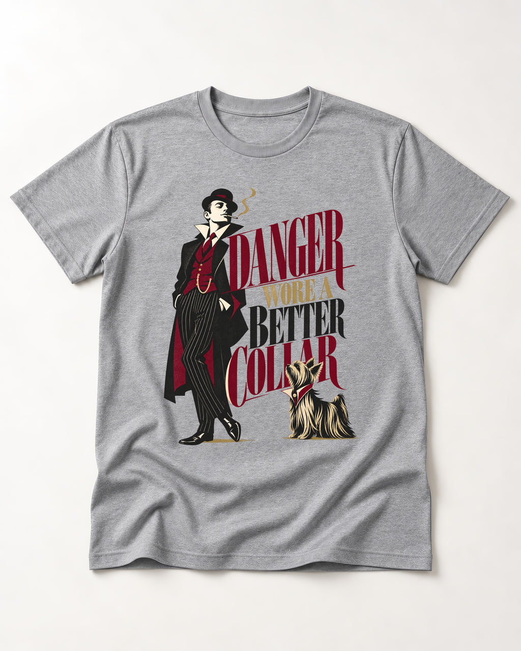 Yorkshire Terrier Danger Wore a Better Collar Art Deco Graphic T-Shirt in Sport Grey, flat lay product photo