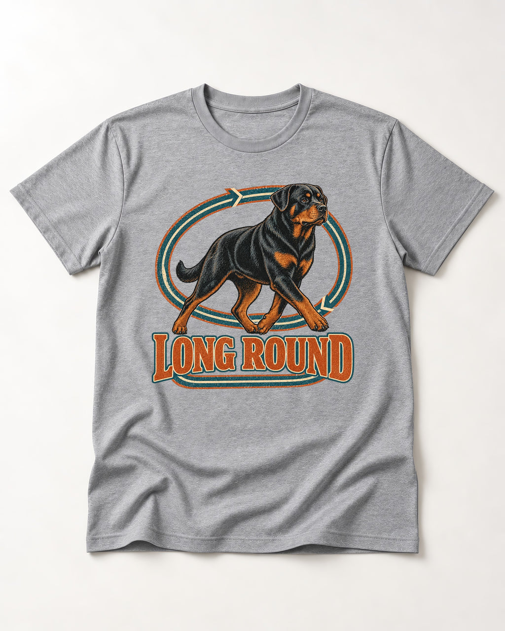 Rottweiler Long Round Circular Track Graphic T-Shirt in Sport Grey, flat lay product photo