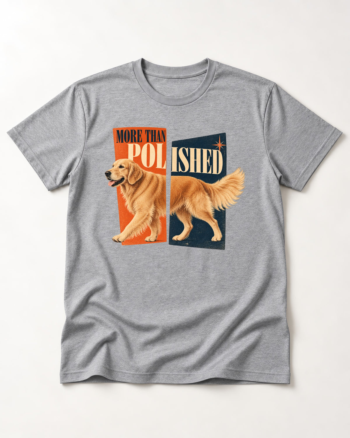 Golden Retriever More Than Polished Split Panel Graphic T-Shirt in Sport Grey, flat lay product photo